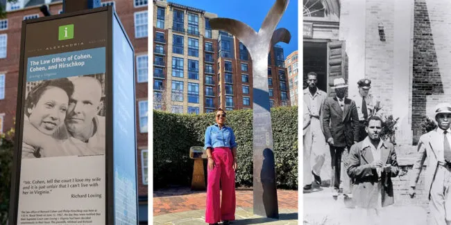 A collage of three images: a historical marker about the Loving v. Virginia case, a woman standing by a tall modern sculpture in a city, and a black-and-white photo of several people posing outside a building.