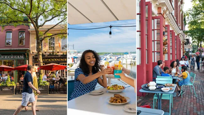 A collage shows people walking past shops, friends clinking drinks at an outdoor restaurant by the water, and groups enjoying vibrant outdoor dining at colorful tables on a brick sidewalk in a lively town.