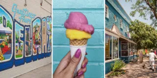 A collage with three images: a colorful Greetings from Del Ray mural, a hand holding a yellow and pink ice cream cone against a blue background, and a vibrant street scene with blue buildings and trees.