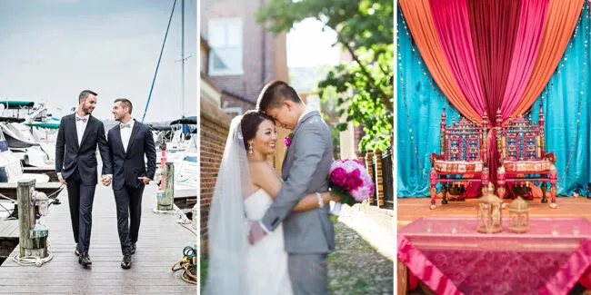 A three-panel image: two grooms in suits hold hands on a dock; a bride and groom embrace outdoors, the bride holding pink flowers; two ornate chairs sit under vibrant pink and blue drapery.