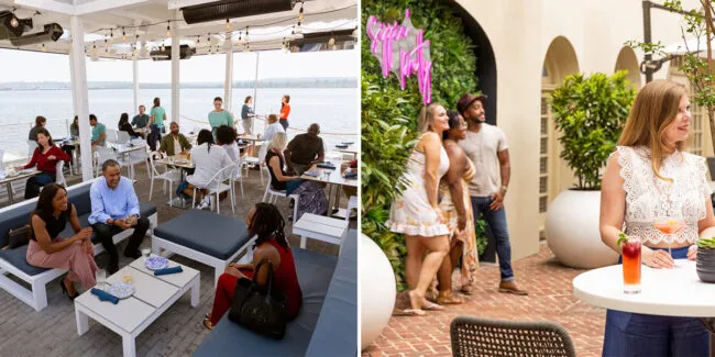 Split image: Left—People sit and chat at outdoor tables by the water under a shaded patio. Right—Three people smile and pose by lush plants and a neon sign near a woman standing at a table with a drink.