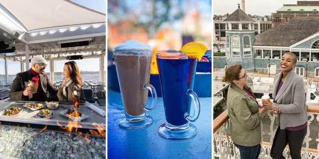 A collage of three images: a man and woman dining outdoors by a fire pit, two glasses of hot drinks with whipped cream and orange wedges, and two women smiling while holding coffee cups on a porch near a large blue building.