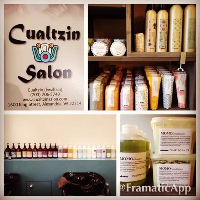 Collage of Cualtzin Salon images: salon logo with address, shelves with hair products, soap bars, shampoo and conditioner bottles, and hair wash station with product bottles lined up.