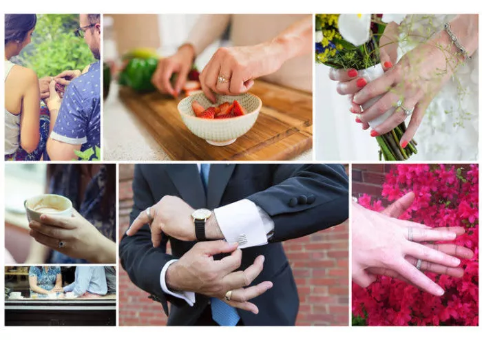 A collage of six photos shows various hands wearing wedding rings in different settings, such as exchanging rings, holding flowers, eating strawberries, drinking coffee, adjusting a cufflink, and touching a pink flowering bush.