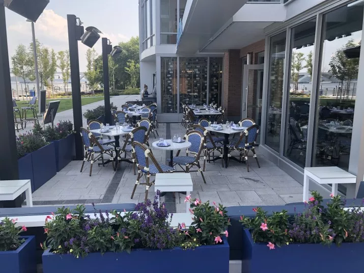 Outdoor dining area with blue and white chairs, tables set with white cloths, surrounded by blue planters with pink and purple flowers, next to a modern glass building. Trees and a walkway are visible in the background.