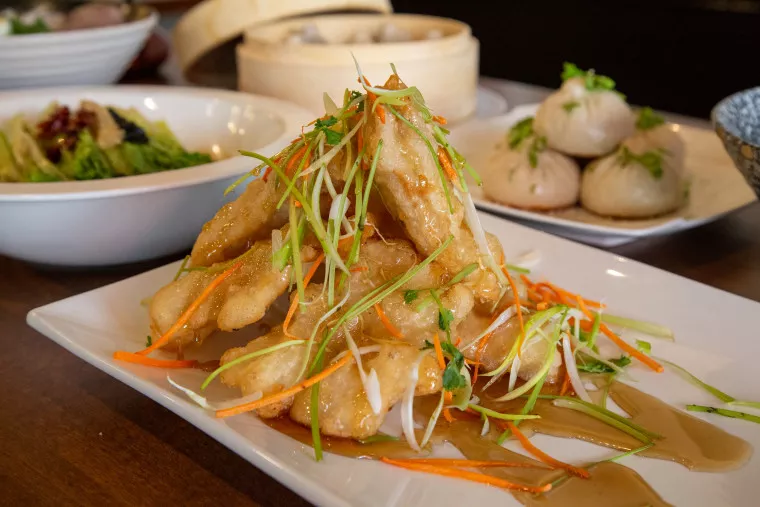 A plate of golden fried fish fillets garnished with shredded carrots, scallions, and sauce, with dumplings and vegetables in the background on a wooden table.