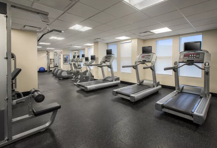 A modern gym with treadmills, ellipticals, and strength training machines on a black floor. The room has bright lighting, large windows, and light-colored walls.