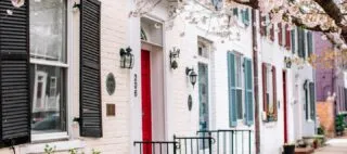 Row of charming townhouses with white brick exteriors, colorful shutters, and bright red doors. Flowering tree branches with pink blossoms hang in the foreground, adding a touch of spring to the scene.
