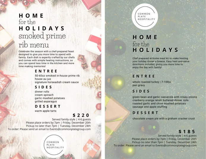 Two festive holiday dinner menus with decorative ornaments. The left menu features smoked prime rib with sides for $220. The right menu offers a roasted turkey meal with sides and dessert for $185. Ordering details are listed below each menu.