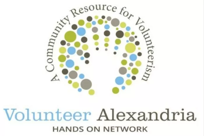 Logo with blue and green dots forming open hands. Text: A Community Resource for Volunteerism. Volunteer Alexandria. Hands On Network.