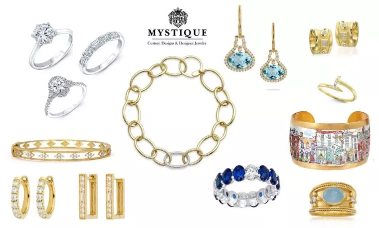 A collection of gold and silver jewelry including rings, earrings, bracelets, a chain necklace, a gemstone ring, a wide cuff, and a designer logo reading Mystique Custom Design & Designer Jewelry.