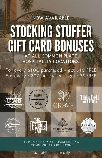 Promotional poster for gift card bonuses at Common Plate Hospitality locations with logos for participating restaurants and bars, a pine branch, and bonus details for $100 and $200 gift card purchases.
