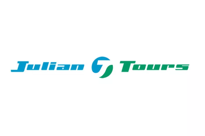 Logo for Julian Tours with Julian in blue text, Tours in green text, and a stylized blue and green J in the center between the words, all on a white background.