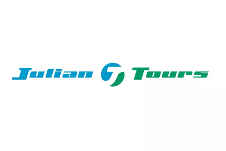Logo for Julian Tours with Julian in blue text, Tours in green text, and a stylized blue and green J in the center between the words, all on a white background.