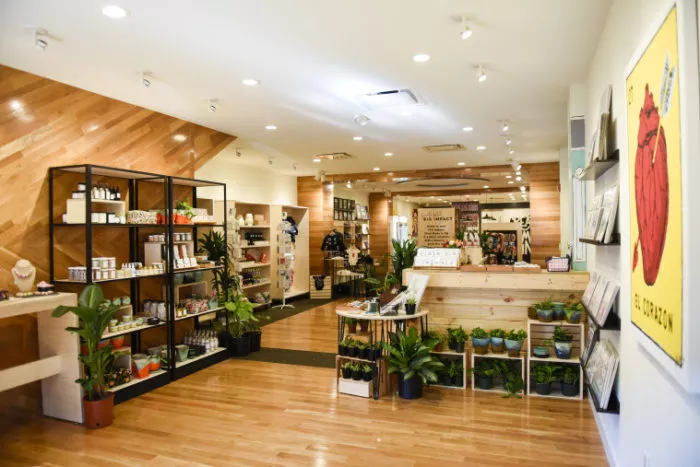 A modern shop interior with wooden floors and walls, plants, shelves displaying various products, and bright lighting. A large yellow artwork hangs on the right wall. The atmosphere is clean and inviting.