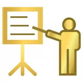 Gold icon of a person pointing at a presentation board with lines, representing giving a presentation or teaching.