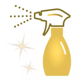 A gold spray bottle spraying cleaning solution, with sparkles indicating cleanliness or shine.