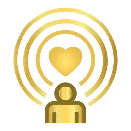A gold icon of a person with concentric circles radiating from their head and a gold heart above, symbolizing love, empathy, or spreading positive emotions.