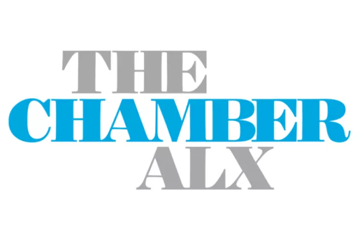 Logo with the words THE CHAMBER ALX in capital letters. THE and ALX are in gray, while CHAMBER is in bright blue. The text is centered on a white background.