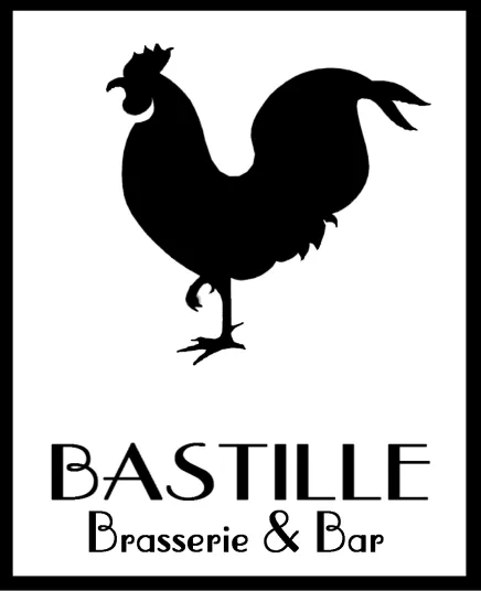 Black silhouette of a rooster standing above the text “BASTILLE Brasserie & Bar” in bold, stylized fonts, framed by a black rectangular border.