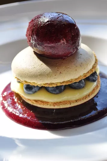 A dessert featuring a macaron sandwich filled with cream and fresh blueberries, topped with a scoop of deep purple sorbet and served on a berry sauce.