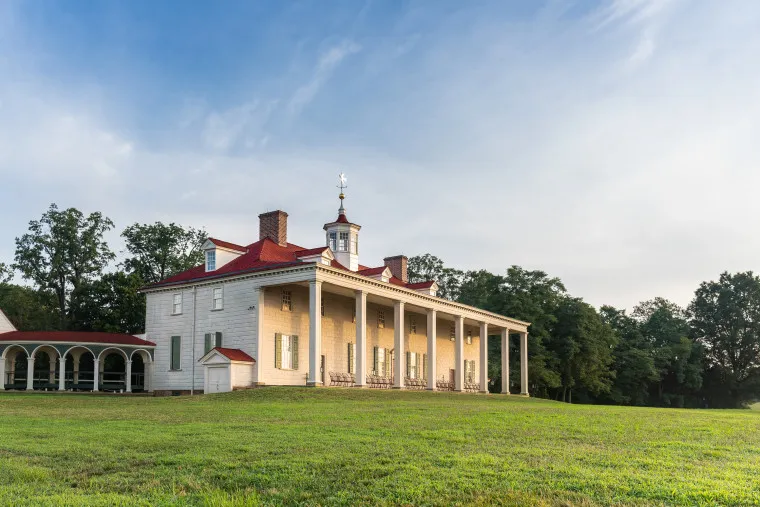 George Washington's Mount Vernon mansion with manicured grounds and classical architecture