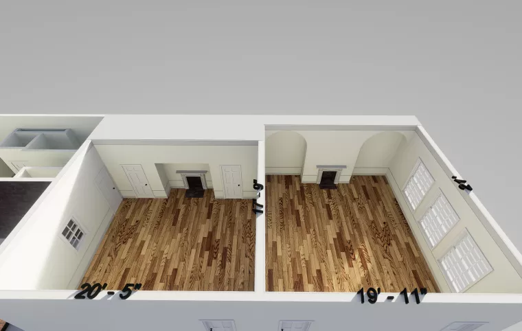 3D floor plan showing two adjacent rooms with wood flooring, fireplaces, and windows. The left room measures 20’-5”, and the right room measures 19’-11”. Both rooms have light-colored walls and doors.