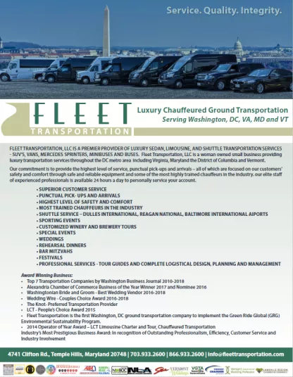 Flyer for Fleet Transportation, offering luxury chauffeured ground transportation in DC, VA, MD, and VT, with a service list, awards, and contact details at the bottom. The background features a man beside a black car.