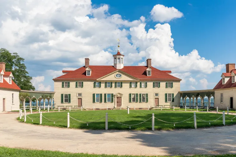 George Washington's Mount Vernon mansion with columned portico and manicured grounds