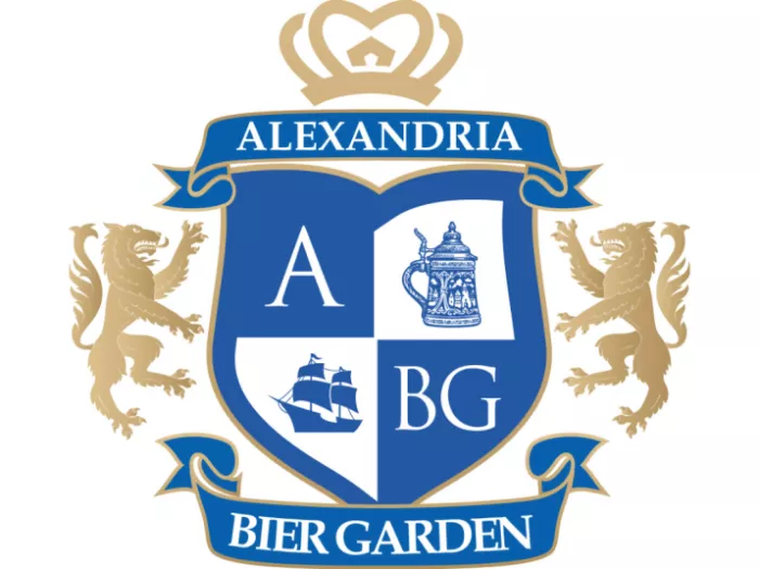 A blue and gold crest featuring two lions, a ship, a beer stein, the letters A and BG, and banners reading Alexandria at the top and Bier Garden at the bottom.