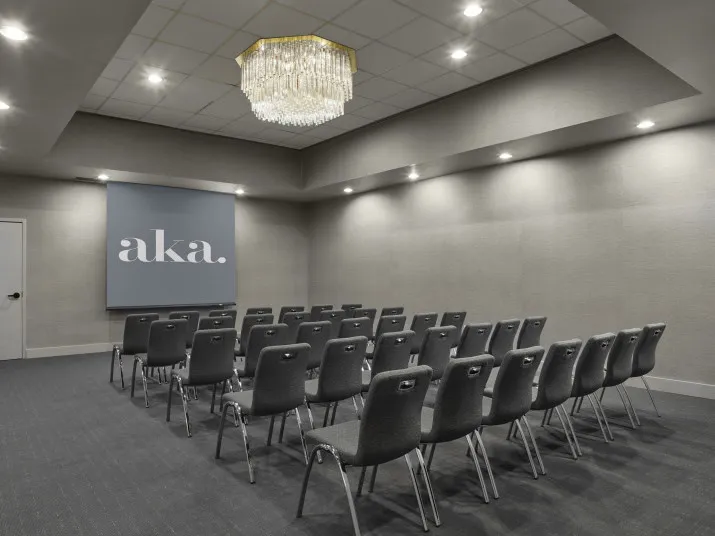 A modern conference room with rows of gray chairs facing a projector screen displaying the word aka. The room features gray walls, a dark carpet, and a chandelier.