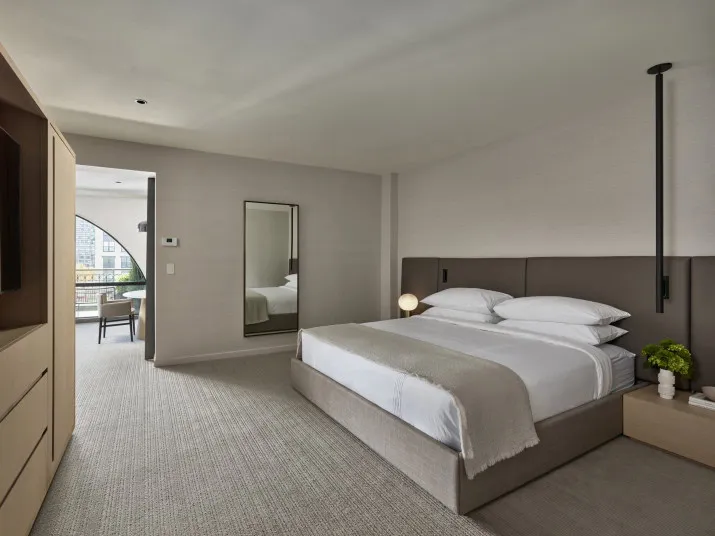 A modern hotel room with a large bed, minimalist decor, light gray walls and carpet, a nightstand with a lamp and green plant, a large wall mirror, and a window view of city buildings in the background.