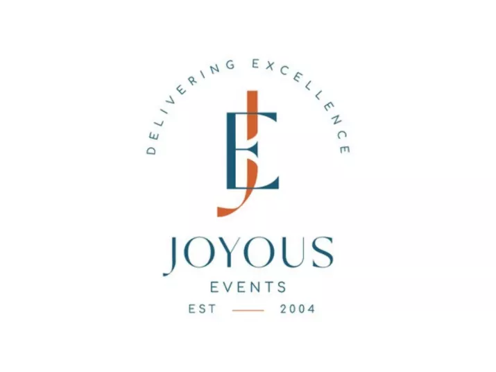 Logo for “Joyous Events” with a large stylized E and J in the center, the words Delivering Excellence in a semi-circle above, and EST 2004 below. The design uses blue and orange colors.