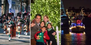 Three scenes: a parade with bagpipers in tartan kilts, a family taking a selfie in front of a lit Christmas tree, and a boat decorated with festive lights on the water at night.