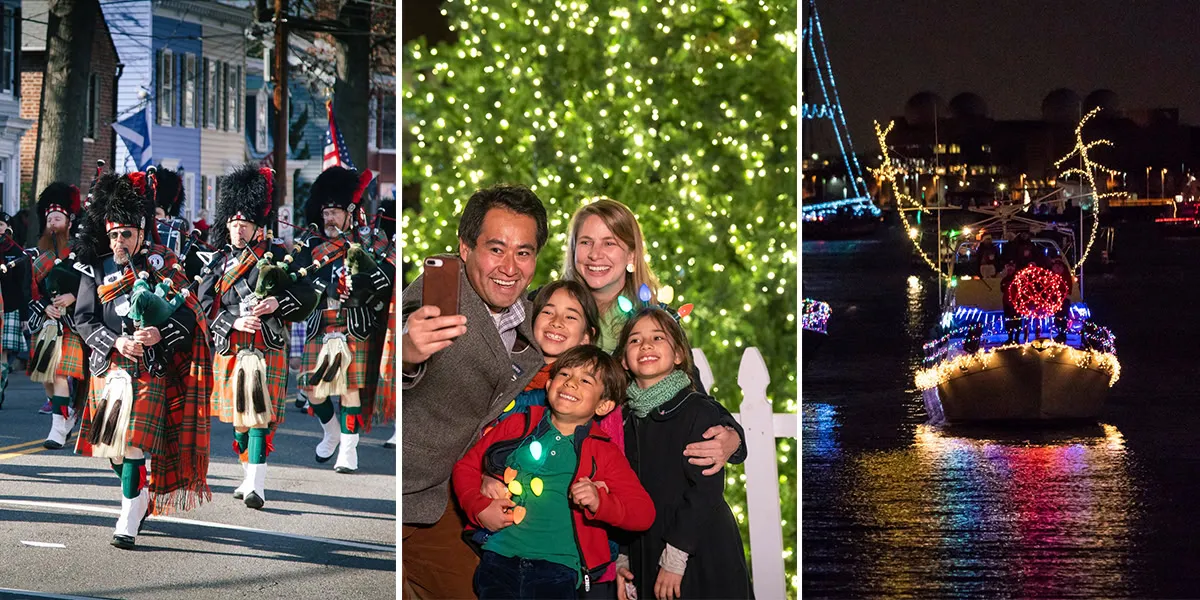 Three scenes: a parade with bagpipers in tartan kilts, a family taking a selfie in front of a lit Christmas tree, and a boat decorated with festive lights on the water at night.