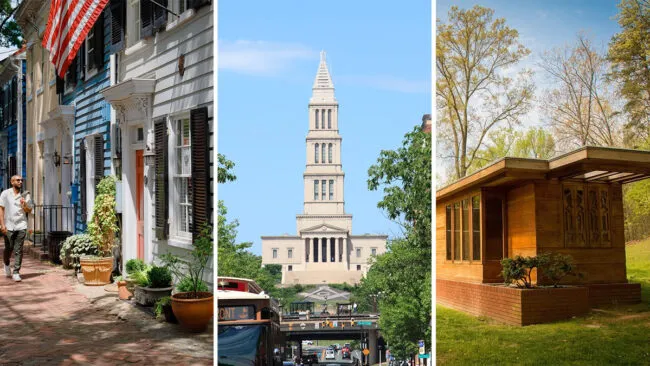 A collage shows: a man walking on a brick sidewalk by colorful historic row houses, a tall stone tower with a spire against a blue sky, and a small modernist home surrounded by trees and grass.