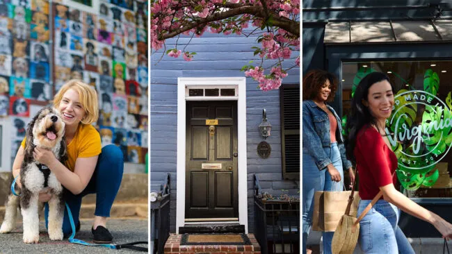 A collage of three images: a woman hugging a dog in front of a mural, a black door framed by spring blossoms, and two women carrying shopping bags and smiling outside a storefront.