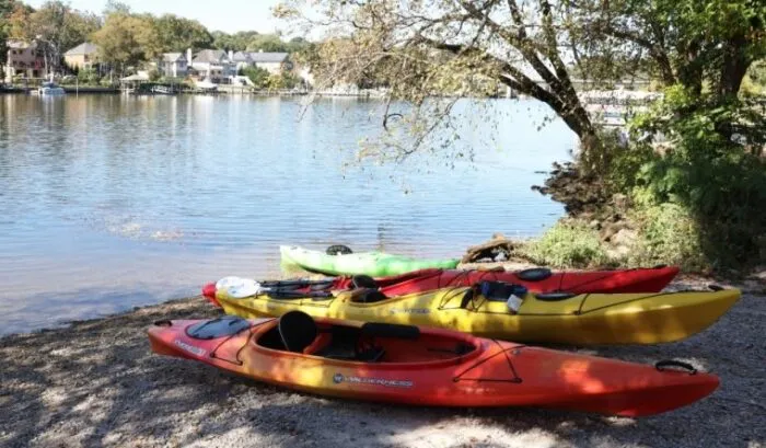 Three brightly colored kayaks—red, yellow, and green—rest on a gravel shoreline beside a calm lake. Trees provide shade on the right, and houses are visible across the water in the background.