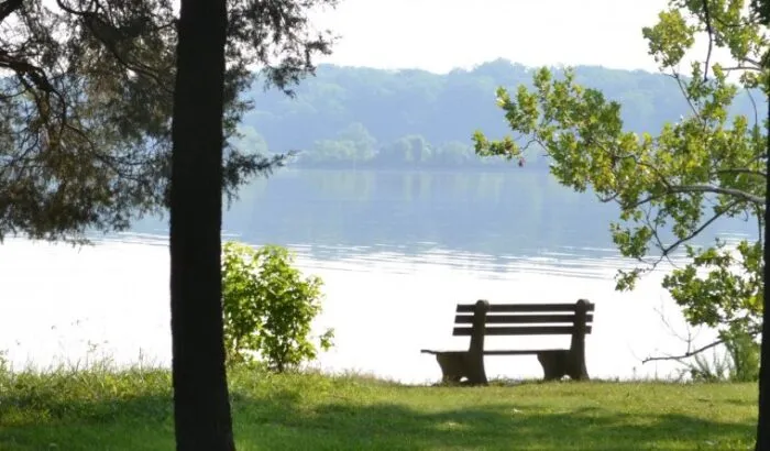 A wooden bench sits on a grassy area beside a calm lake, shaded by trees, with forested hills in the background and sunlight gently illuminating the scene.