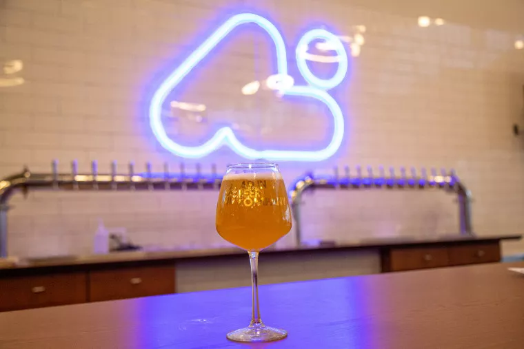 A glass of light amber beer sits on a wooden bar top, with a row of beer taps and a bright blue neon cloud sign on a white tile wall in the background.