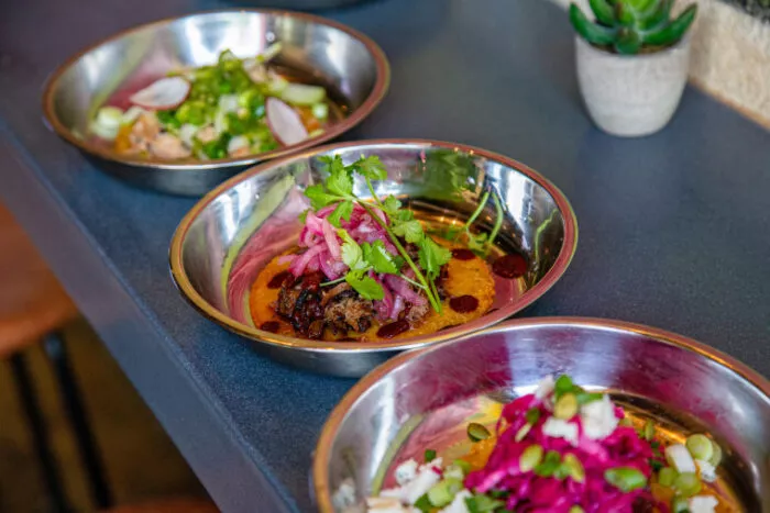 Three metal bowls filled with colorful dishes, including meat topped with pickled onions and cilantro, are arranged in a row on a dark countertop; a small potted succulent sits in the background.