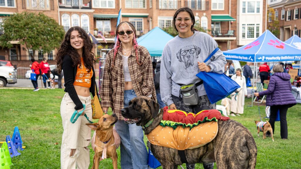 Three women stand on grass with two dogs—one in a hot dog costume and the other in a party hat—at what looks like a lively fall outdoor event. Tents, people, and brick buildings create a festive backdrop.
