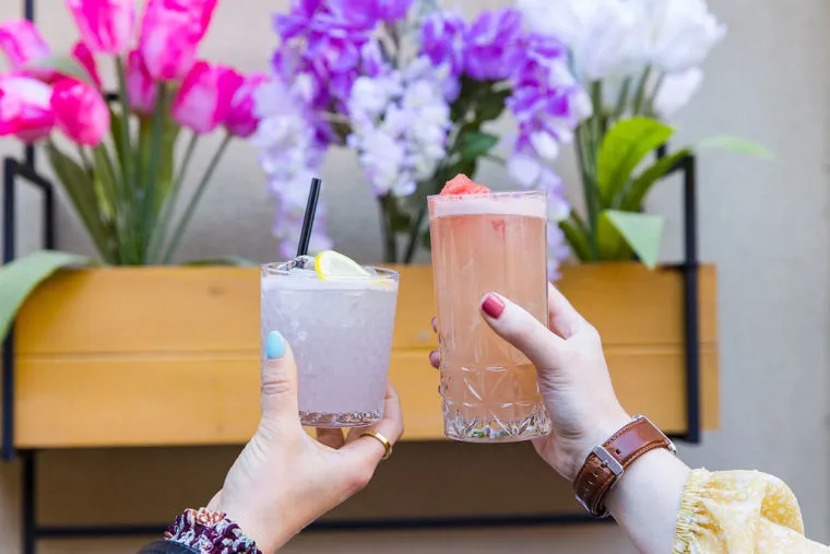 Two hands holding colorful drinks—one with a lemon slice and ice, the other pink with a garnish—raised in front of a yellow planter box with blooming pink and purple flowers.