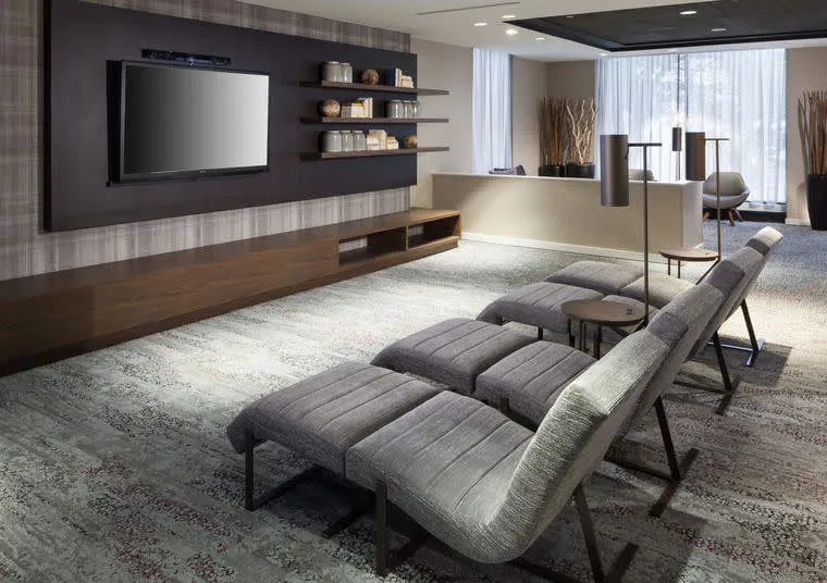 Modern lounge area with gray cushioned lounge chairs facing a wall-mounted TV, shelves with decorative items, large windows, and floor lamps on a patterned carpet. Neutral tones create a calm, stylish atmosphere.