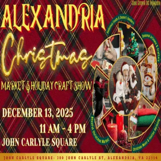 Plaid holiday flyer for Alexandria Christmas Market & Holiday Craft Show on December 13, 2025, 11 AM–4 PM at John Carlyle Square; features festive photos and event highlights in gold and red text.