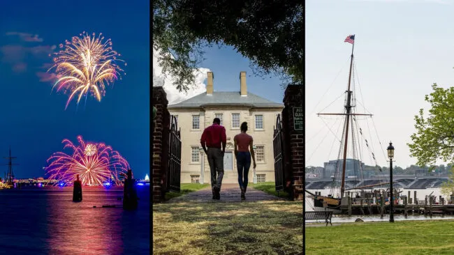 A split image showing fireworks over water at night, a couple walking toward a historic mansion, and a docked tall ship with an American flag near a waterfront park during the day.
