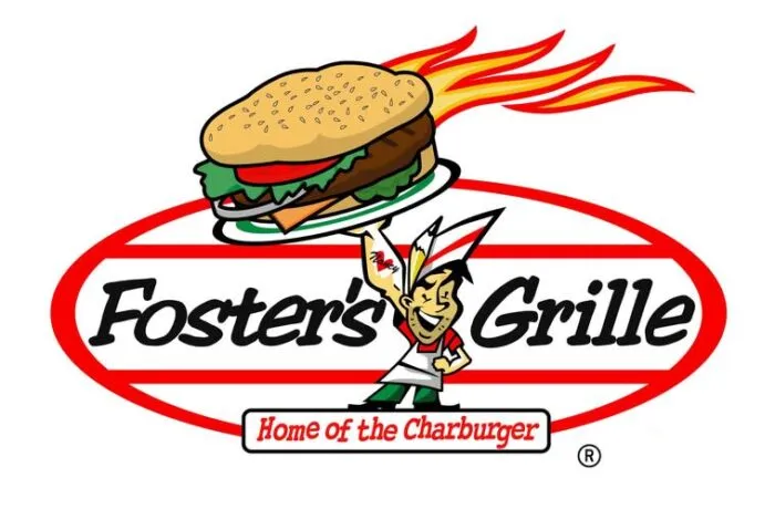 Logo for Foster’s Grille featuring a cartoon chef holding a large flaming burger above his head, with red and white stripes and the text “Foster’s Grille” and “Home of the Charburger.”.