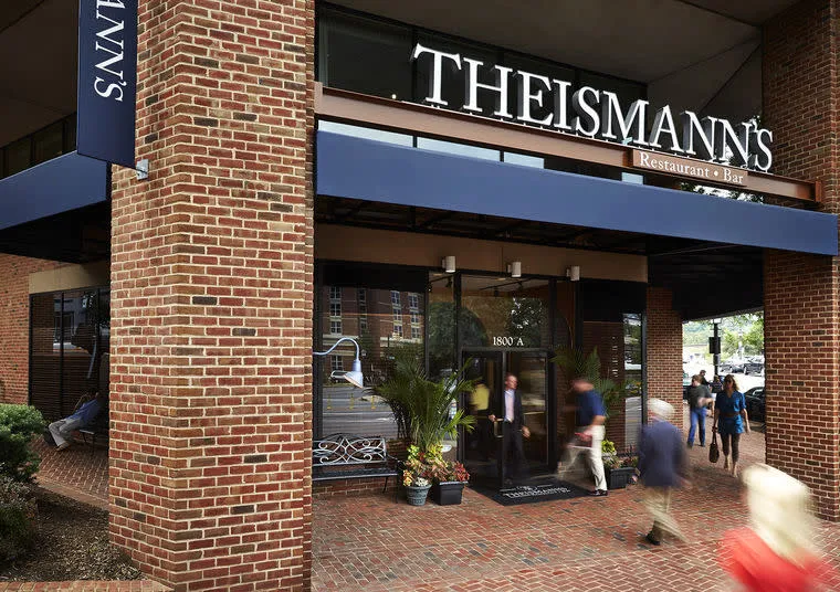 Exterior view of Theismann’s Restaurant & Bar, featuring a brick facade, blue awnings, glass doors, and blurred people walking by the entrance.