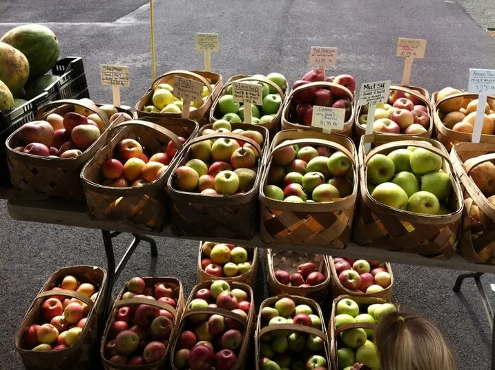 Baskets filled with various types of apples are displayed on a table at an outdoor market, each basket marked with a sign indicating the apple variety and price.