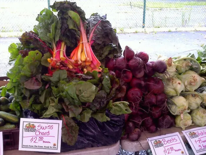 A farmers market display shows colorful Swiss chard, red beets, and green kohlrabi stacked side by side, each with handwritten price signs in front. A fence and pavement are visible in the background.